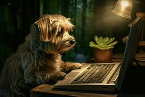 Amusing Dog looking laptop. Generate Ai photo