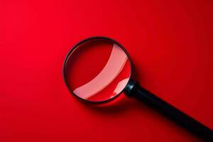 Magnifier magnifying alert on red background. Generate Ai photo