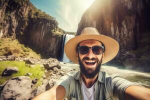 masculino turista visitando nacional parque. generar ai foto