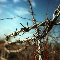 Metallic Barbed wire field closeup. Generate Ai photo