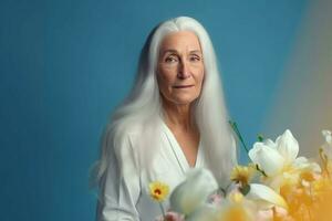 Old mature woman at studio with flowers. Generate Ai photo