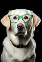 Labrador Retriever wearing 2023 glasses and holiday bow tie isolated on a white background photo