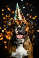 Boxer dog wearing a New Year sequin hat and blowing a party horn isolated on a white background photo