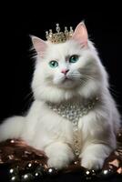 New Years Turkish Van cat with sparkling tiara and collar background with empty space for text photo