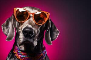 New Years Great Dane in jester collar neon glasses background with empty space for text photo