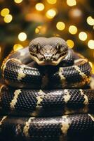 Christmas Ball Python around yule log with fairy lights background with empty space for text photo