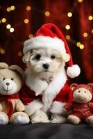 Christmas Bichon Frise puppy in Santa outfit among teddy bears background with empty space for text photo