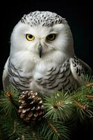 Snowy Owl grips candy cane on pine branch embodying Christmas spirit photo