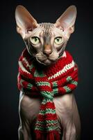 nuevo años sphynx gato con Navidad árbol sombrero y fiesta collar aislado en un blanco antecedentes foto