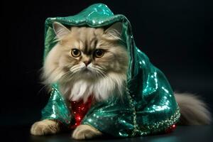 Persian cat in sparkling elf costume with jingle bell shoes isolated on a white background photo