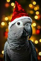 New Years African Grey Parrot with mistletoe and elf hat background with empty space for text photo