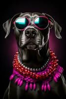 New Years Great Dane in jester collar neon glasses background with empty space for text photo