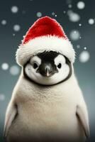 Christmas Emperor Penguin chick in Santa hat amid snow isolated on a gradient background photo