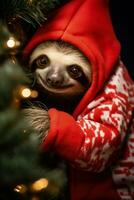 Christmas Sloth in a Santa costume hanging from a decorated holiday tree branch isolated on a white background photo
