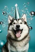 Alaskan Malamute with party hat and noise maker for New Year background with empty space for text photo