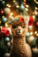 Navidad alpaca adornado con festivo adornos y guirnalda radiante fiesta alegría foto