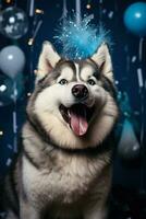 Alaska malamute en azul fiesta sombrero da la bienvenida nuevo año con ruido fabricante foto