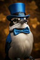 Blue Jay bird flaunts top hat and holiday bow tie for New Year photo