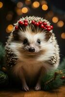 Hedgehog dons reindeer antlers adding Christmas whimsy to festive scene photo