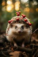 Hedgehog dons reindeer antlers adding Christmas whimsy to festive scene photo