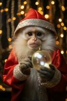 Capuchin monkey in Santa suit holds disco ball greeting New Year photo