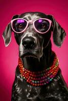 Great Dane in jester collar and neon party glasses for New Year isolated on a gradient background photo