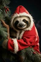 Christmas Sloth in Santa costume on decorated tree branch isolated on a gradient background photo