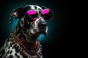 New Years Great Dane in jester collar neon glasses background with empty space for text photo