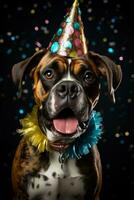 New Years Boxer dog in sequin hat blowing party horn background with empty space for text photo
