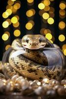 Christmas Ball Python around yule log with fairy lights background with empty space for text photo