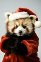 Christmas Red Panda clutching a mistletoe adorned Santa hat isolated on a white background photo