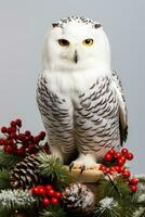 Christmas Snowy Owl perched on pine with candy cane isolated on a white background photo