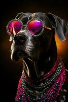 Great Dane dons jester collar neon glasses for jovial New Years gala photo