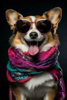 New Years Corgi dog with sequin scarf and festive sunglasses isolated on a white background photo