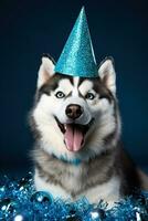 nuevo años Alaska malamute con un espumoso azul fiesta sombrero y ruido fabricante aislado en un blanco antecedentes foto