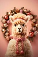 Christmas Alpaca with festive ornaments and wreath background with empty space for text photo