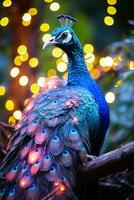 Peacock showcasing spectacular tail lighted with twinkling festive Christmas lights photo