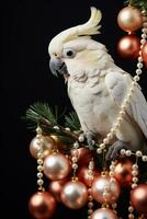 Christmas Cockatoo perched on decorated holiday branch isolated on a white background photo