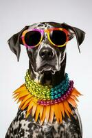 New Years Great Dane in neon glasses and jester collar isolated on a white background photo