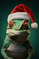 New Years chameleon with mini Santas hat and jingle bells isolated on a gradient background photo