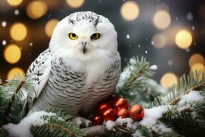 Snowy Owl with candy cane perched on pine branch Christmas background with empty space for text photo