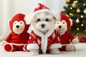 Bichon Frise puppy in a Santa outfit with holiday teddy bears isolated on a white background photo