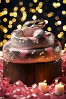 Ball Python snake with yule log and fairy lights isolated on a gradient Christmas background photo