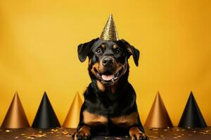 New Years Rottweiler dog with festive gold party cracker background with empty space for text photo