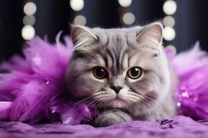 Scottish Fold cat in New Years mask and feather boa background with empty space for text photo