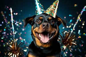 New Years Rottweiler dog holding a gold and glitter party cracker isolated on a white background photo