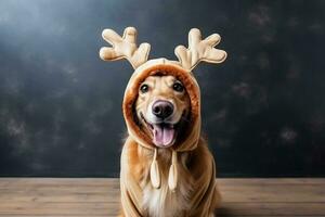 Golden Retriever in reindeer costume celebrates Christmas background with empty space for text photo