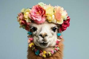 Christmas Alpaca adorned with festive ornaments and wreath isolated on a white background photo