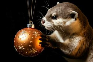 Playful New Years Otter interacting with a shiny Christmas bauble isolated on a gradient background photo