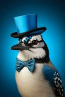 New Years Blue Jay bird with miniature top hat and holiday themed bow tie isolated on a gradient background photo